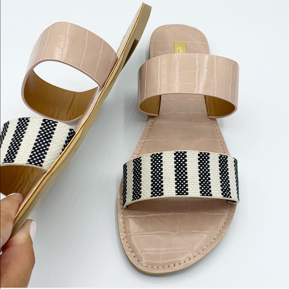 Chic Nude Knit Double Strap Sandals Black & White Stripes Casual Flat Slides - Picture 4 of 8